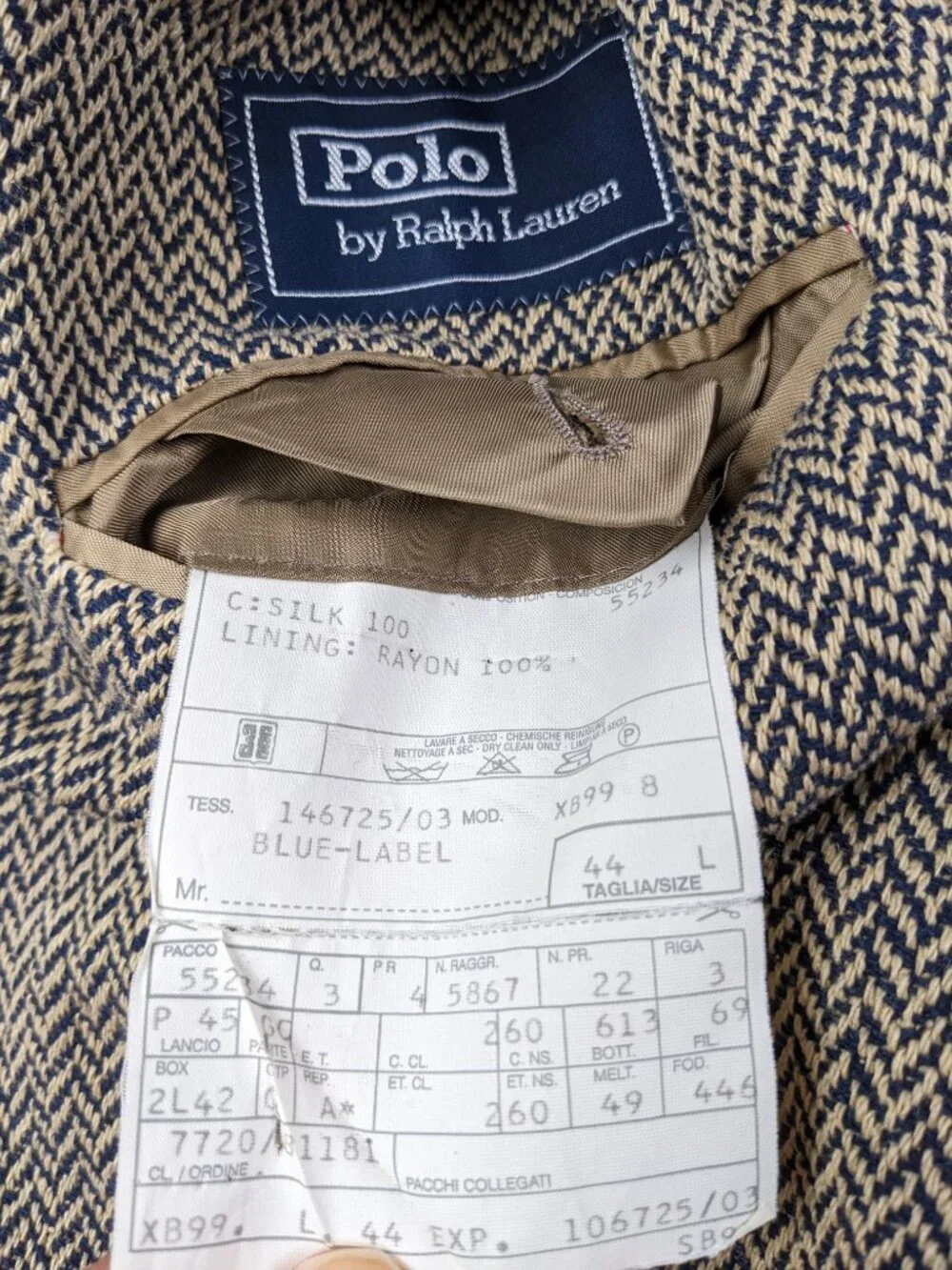Polo Ralph Lauren Blazer Sport Coat Tweed Silk Tan Blue Herringbone 44L Italy